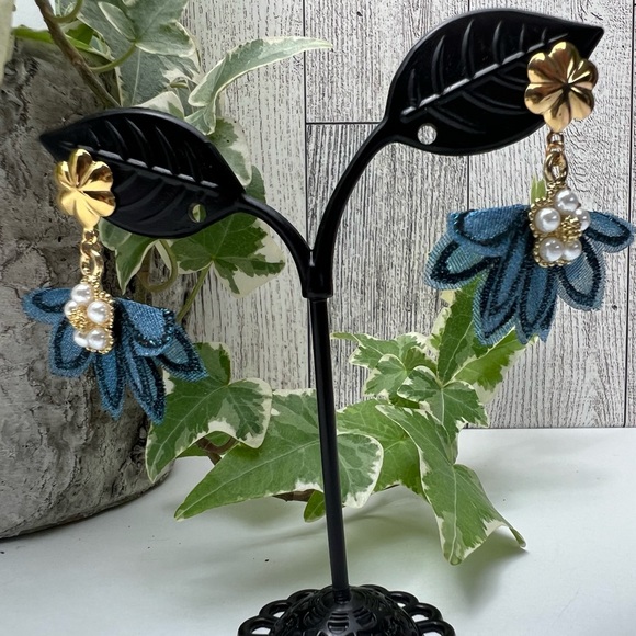 Elegant Blue Flirty Tassel Fabric Dangle Earrings - Romantic Floral Earrings - Picture 6 of 11